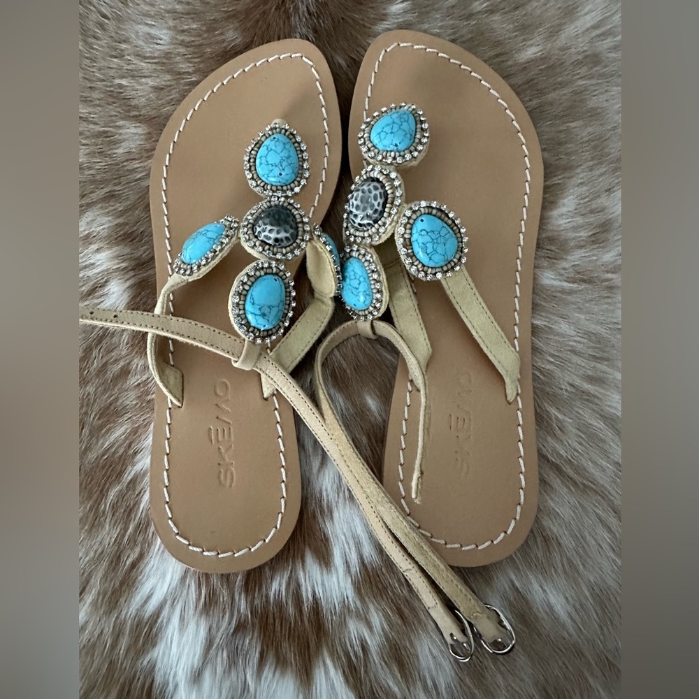 SKEMO Ladies Women’s Size 7 Turquoise & Silver  Stones Cream Leather San…